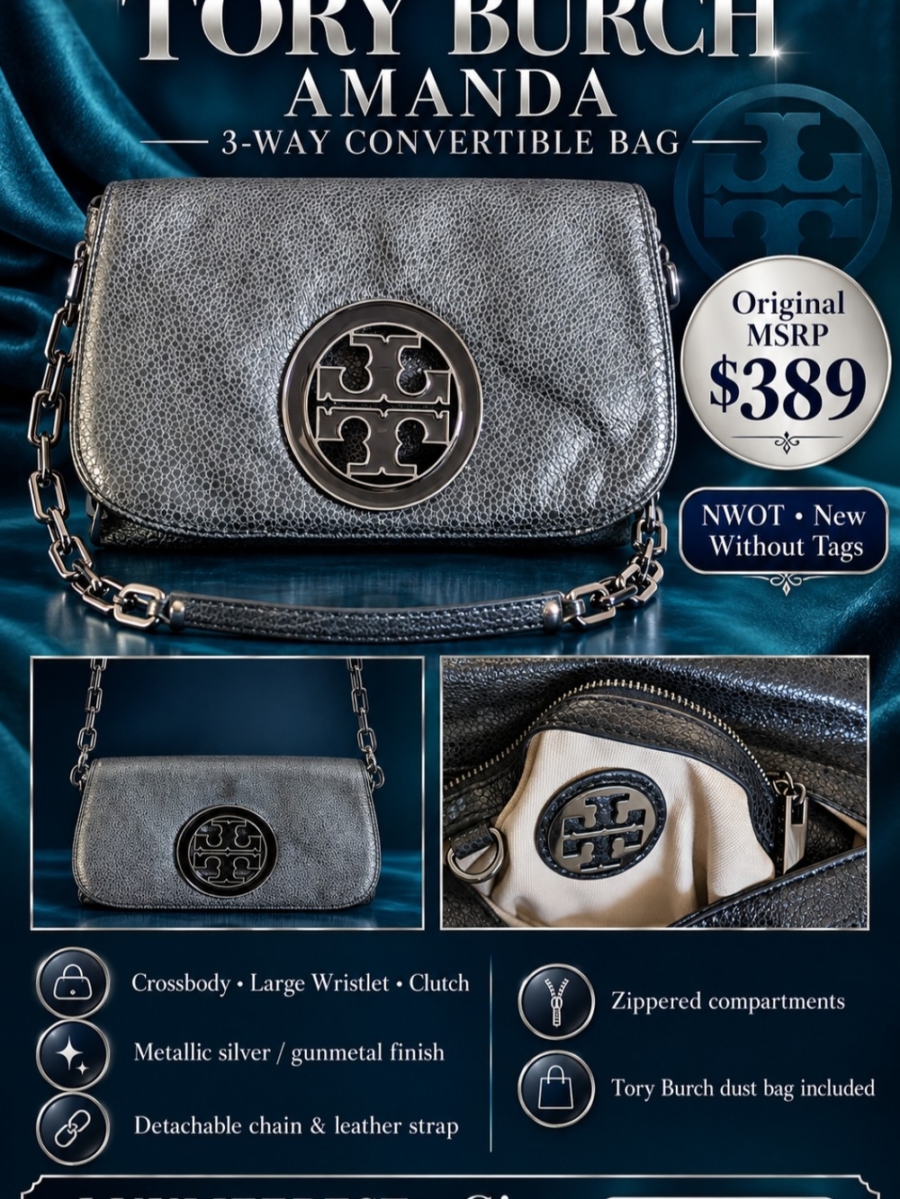 Tory Burch Amanda 3-Way Convertible Metallic Silver Bag